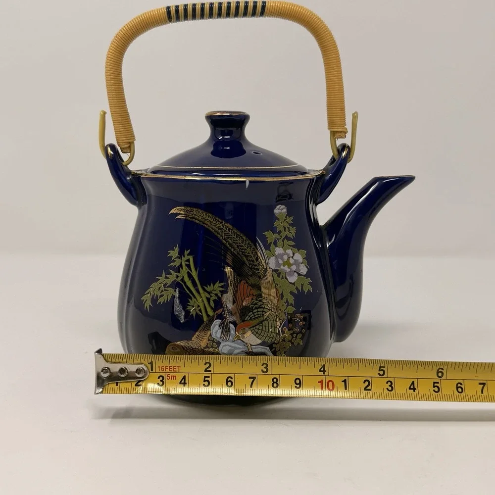 Vintage Japanese Cobalt Blue Gold Teapot Pheasant Bamboo Rattan Handle 7.5